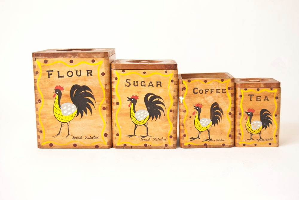 Wooden Canister Set -Hand Painted Roosters -Set of 4