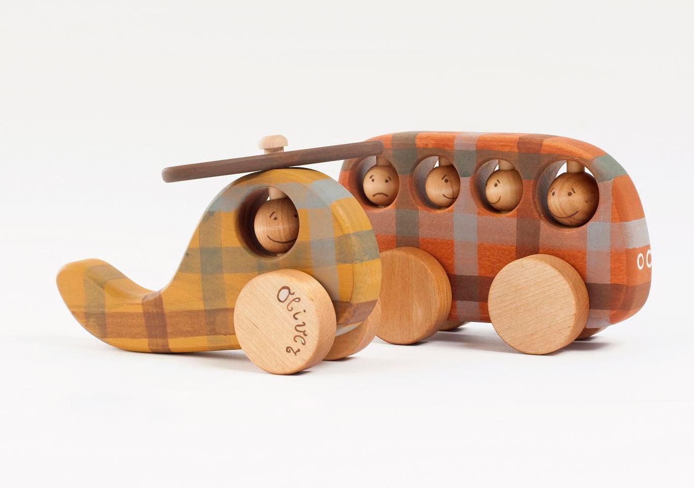 Personalized Wooden Vehicles set, eco friendly Bus and Helicopter