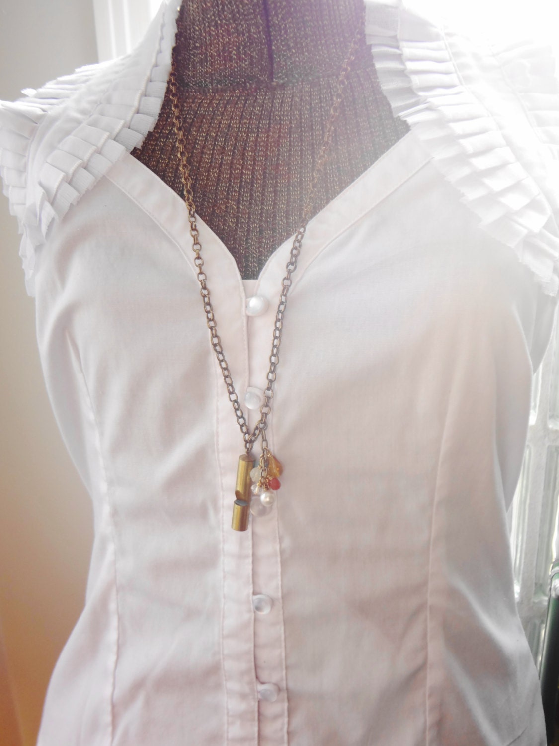 Vintage Whistle Necklace Made of Brass with an Assortment of Czech Glass Beads