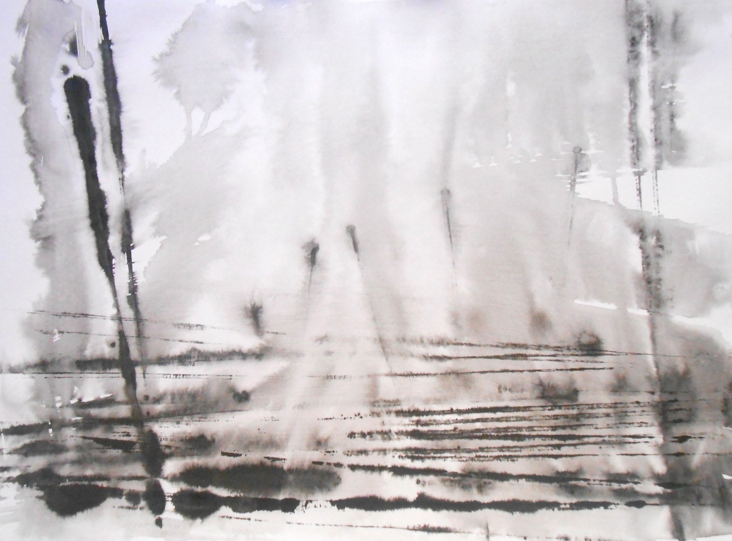 Original Contemporary Black and White Abstract Ink Wash Painting 11.7x16.5 "  Losing Sight 057"