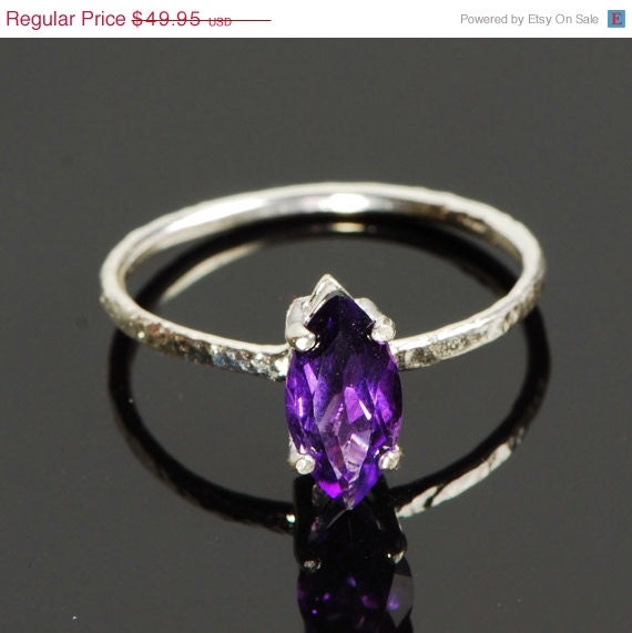 ON SALE Amethyst Ring - February Birthstone - Marquise Gemstone - Hammered Band - Argentium Sterling Silver - Handmade