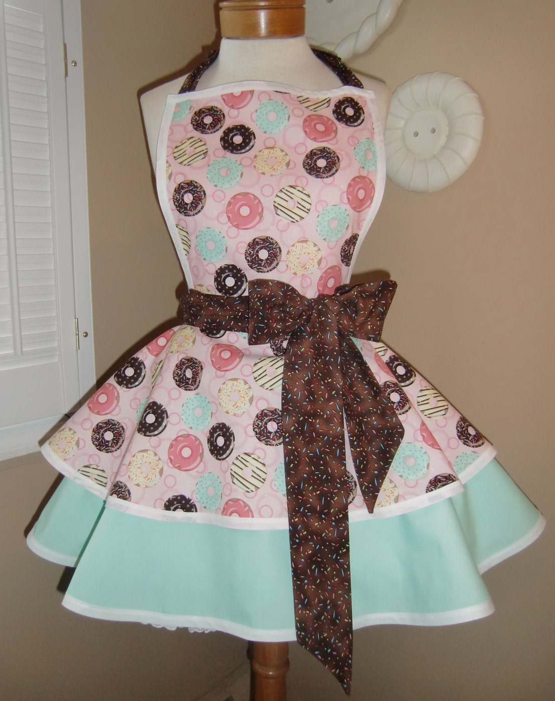 Pink Donut Print with Sprinkles Womans Retro Apron With Tiered Skirt And Bib...Plus Size Available