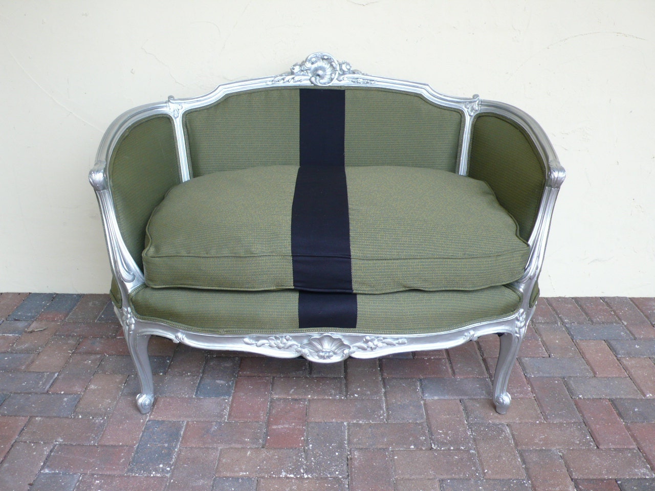 Silver Antique sofa love seat with ultra cool binary code green fabric and black stripe