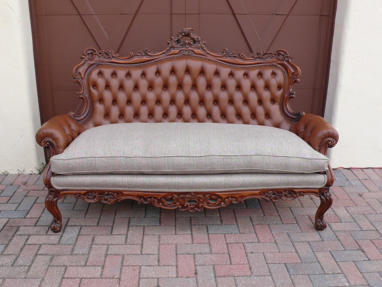 Tufted Ornate French Baroque Sofa Loveseat Couch with Suit-Style Ultra Cool Plaid Cushion