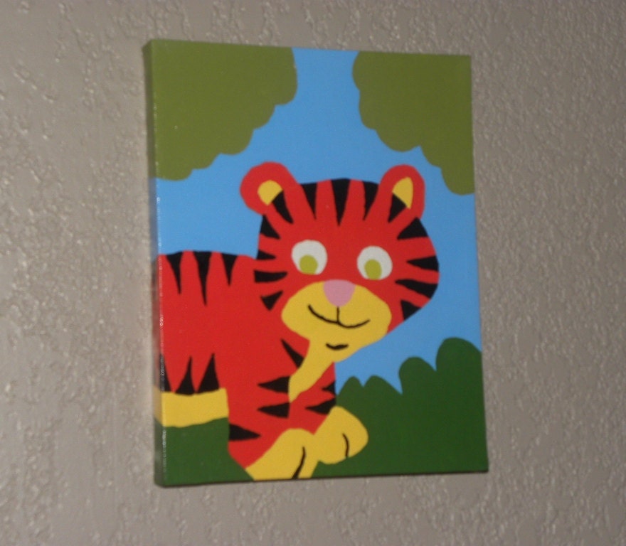Childrens Wall Art, TIGER JUNGLE ANIMAL, one 8x10 acrylic canvas painting, Nursery Wall Art -  Ready to Ship