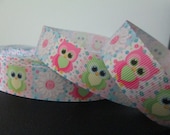 Owl Print Grosgrain Ribbon 7/8" Cute Owls and Daisies 1 Yard