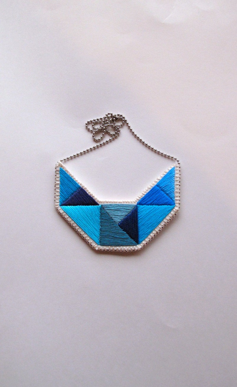 Small embroidered geometric necklace bib in beautiful blues