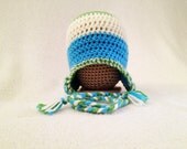 Crocheted Ear Flap Hat - Green, White and Blue - size 6-12 months