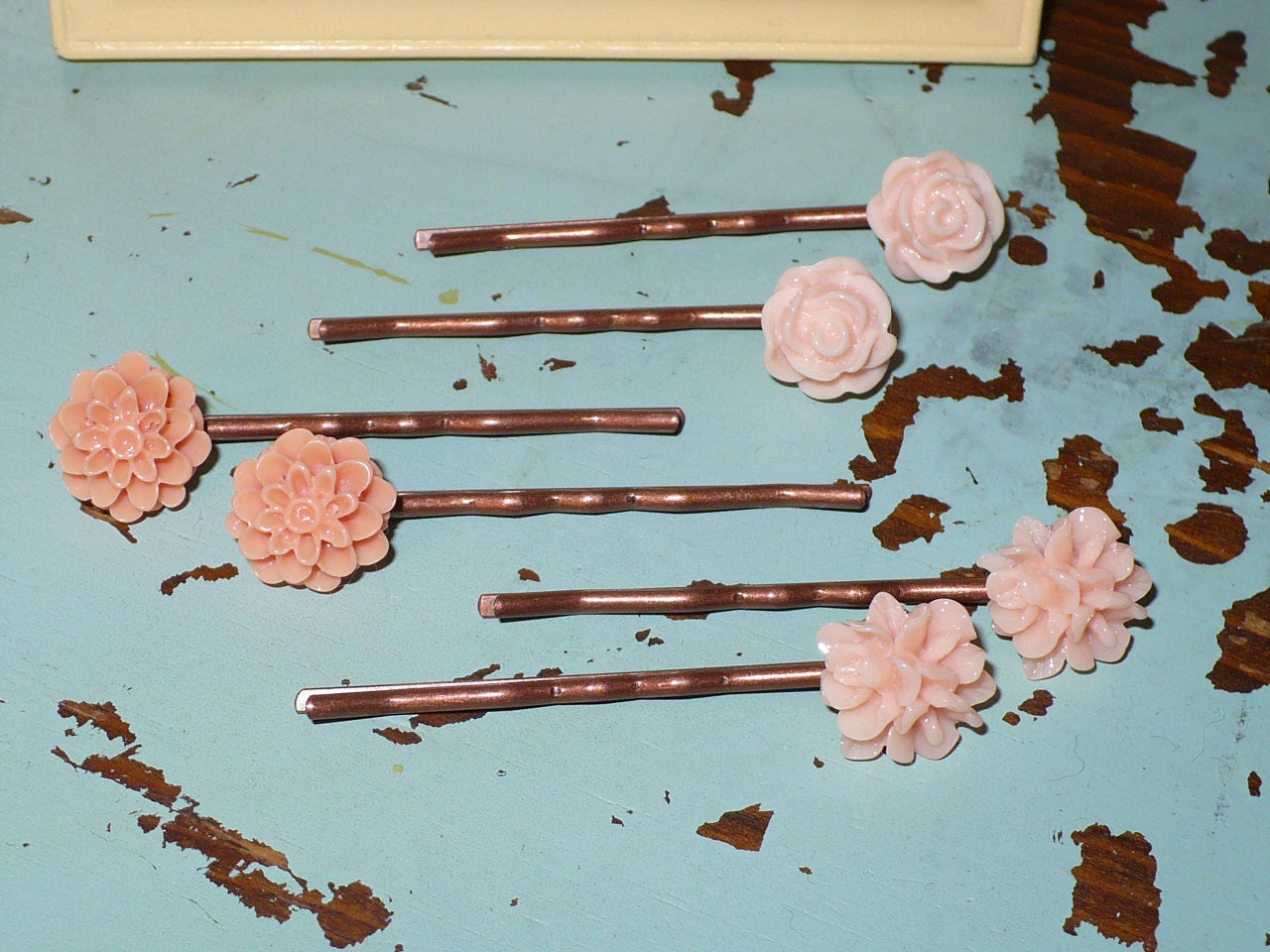 Set of 6 Pink Flower Copper Bobby Pin Set SHABBY CHIC Hair pins Barrettes HAIRPINS Wedding
