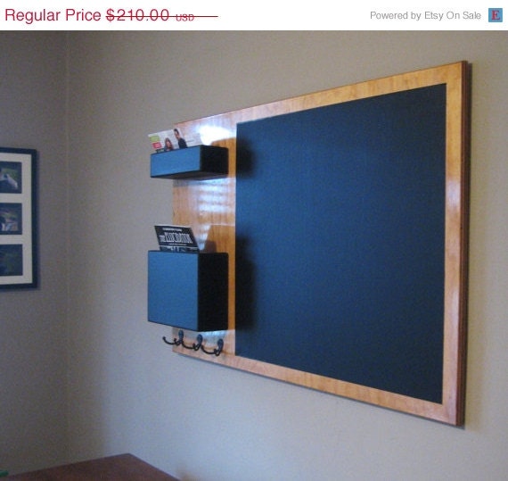 ON SALE Stained Mail Organizer chalkboard Medium wall mounted pockets and hooks