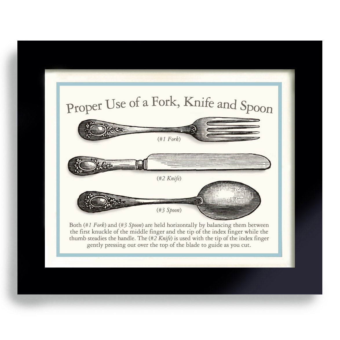 Kitchen Art Print Mind Your Manners Vintage Black and White Dining Silverware Cooking Gift