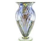 Hand Blown Art Glass Vase - Iridescent Golden Amber - Feather Pattern