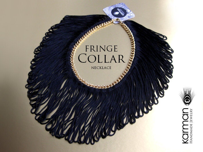 Black Silk Fringe Collar Necklace.