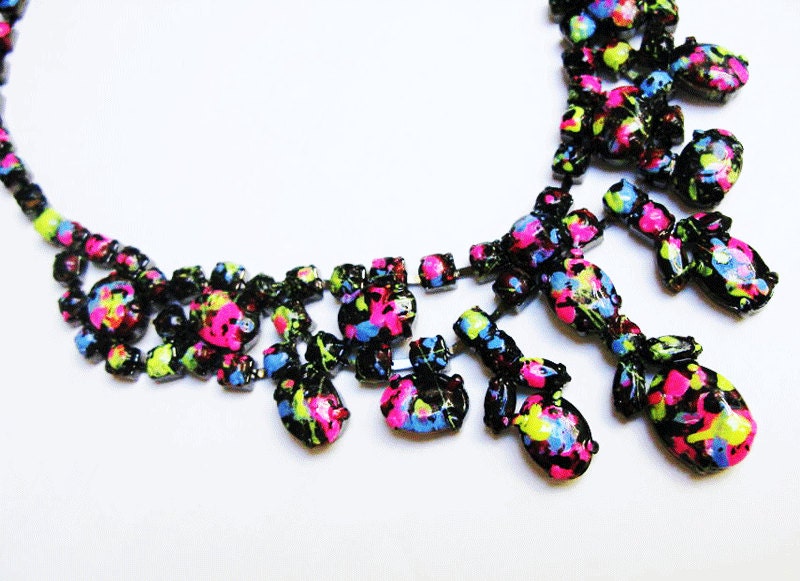 bib necklace hand painted black Neon Splash black pink yellow