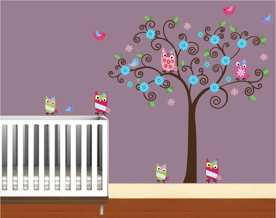 Kids Wall Decals Nursery Tree Decal with Flowers Owls Birds