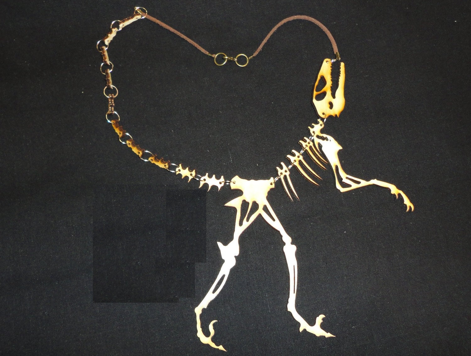 BIRCHWOOD SKELETAL DINOSAUR Necklace Pendant Velvet Cord Punk Emo