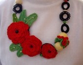 Crochet Necklace...Knitted Jewelry...Handmade Accessory...Red roses and wooden beads...