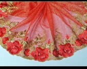 2 yards Lace trim Red Mesh Lace Inset Gold Thread Rose Embroidered Lace Rosette Wedding Dress DIY Handmade Accessory 9.4 inches wide A1092