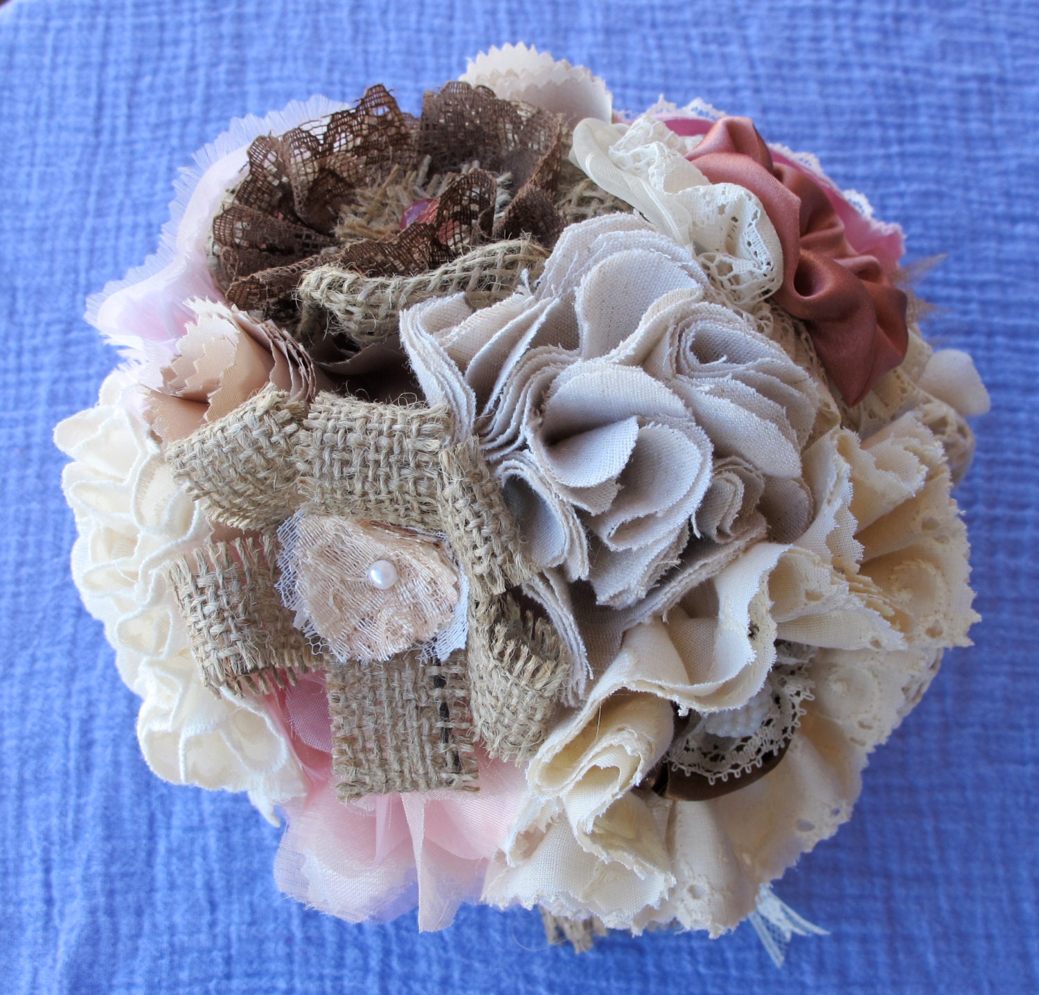 Fabric Rustic Boho Lace Burlap Pink Brown Bouquet