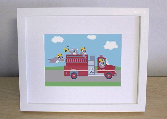 Fire Truck Nursery Art - Koala Fireman Print (5x7)