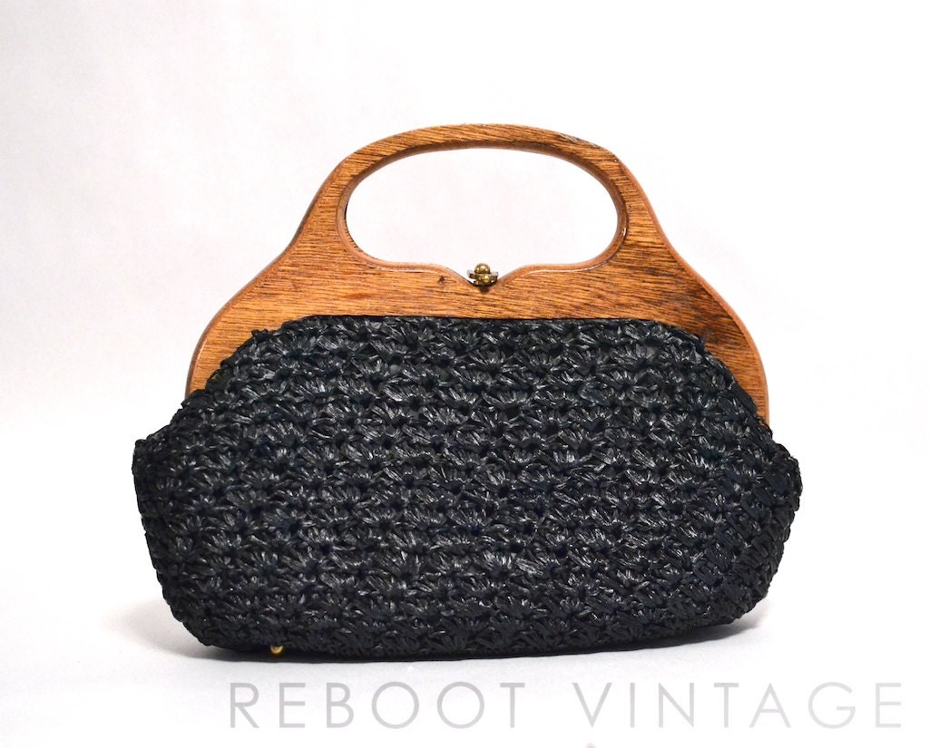 Vintage 1960s Black Straw Top Handle Purse