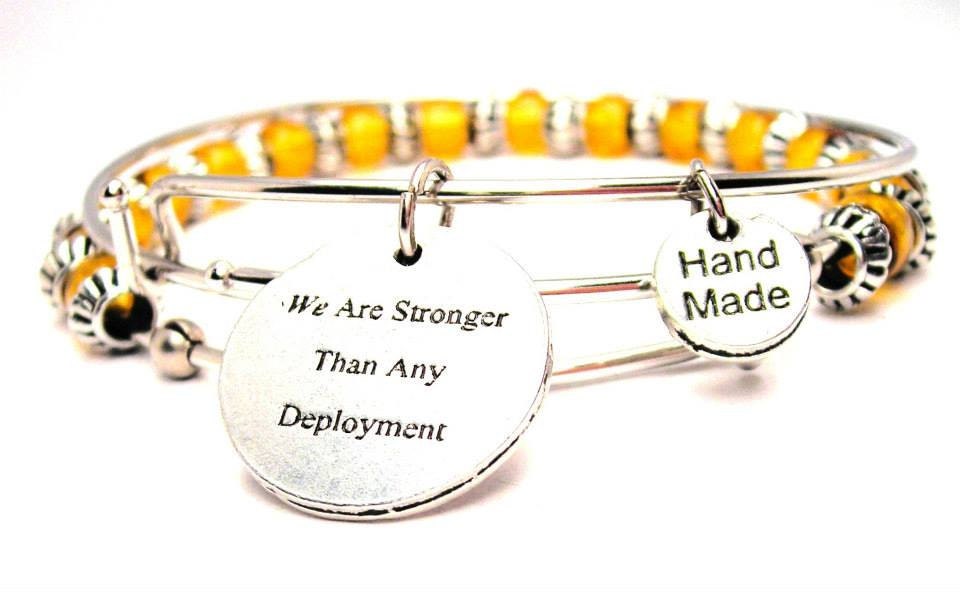 We Are Stronger Than Any Deployment  Set of two beaded bangles charm bracelet