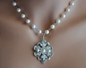 Bridal Necklace,Rhinestone and Pearl Necklace,Vintage Style Necklace,Antique Silver,Swarovski Crystal and Pearl Necklace,ONI