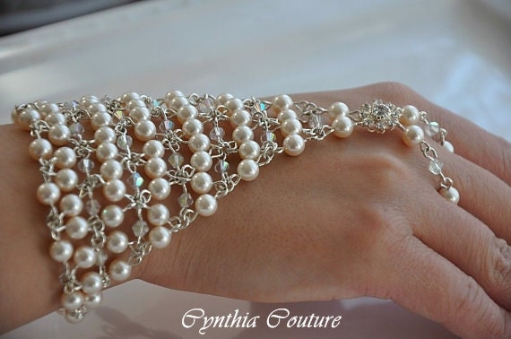 Bridal Slave Bracelet,Victorian Style Bracelet,Pearl Bracelet,Swarovski Crystal Bracelet,Rhinestone Slave Bracelet,Chainmaille, GEM