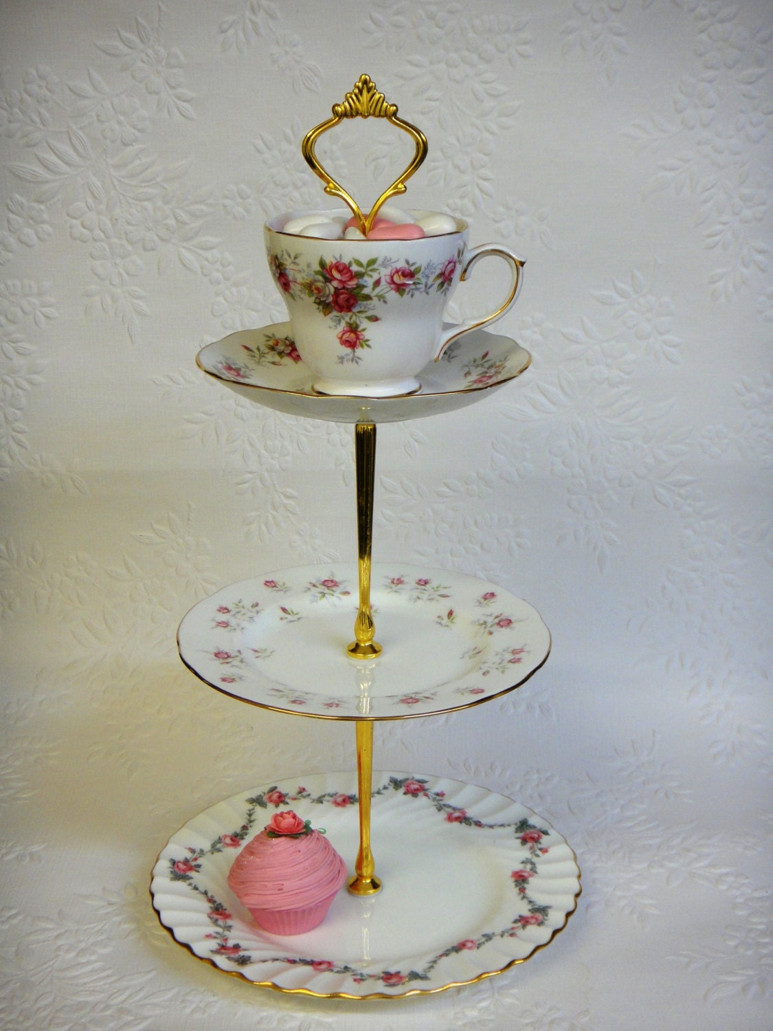3 tier Vintage Cake Stand Pink Roses High Tea tiered Plates
