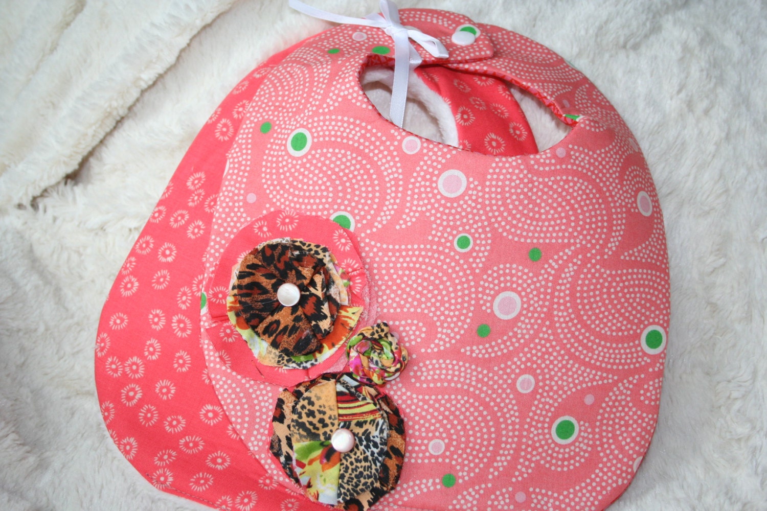 Baby Girl Bib Set-  Plush Coral Floral, Polka Dot Swirls with Cheetah Broach Flowers