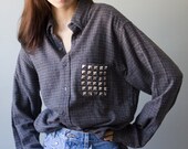 Studded Flannel Shirt Gray Hipster Plaid Long Sleeve Stud Pocket Cotton Men Women Unisex Medium Large XL Extra Large