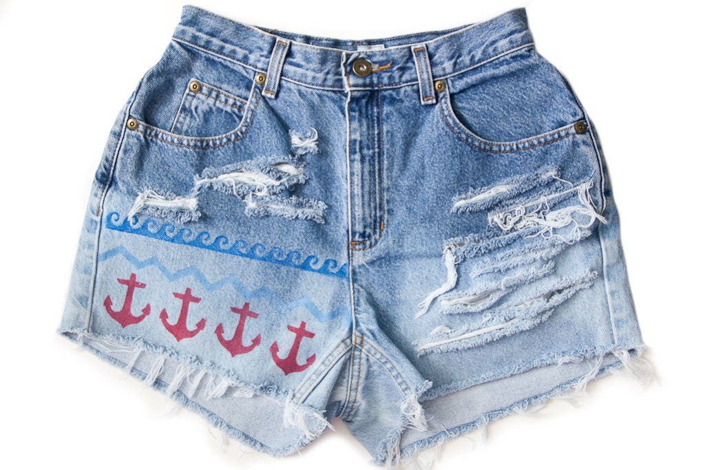 Nautical Anchor Waves Ocean USA Shorts Hand Painted Vintage Distressed High Waisted Denim Boho Hipster Small W26