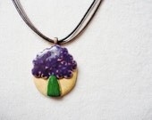 3D Handmade Hand Crafted Ceramic Flower Bouquet Necklace, Pendant on Cotton Cords with Magnetic Closure, Purple, Green, Yellow