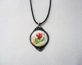 Artisan Handmade Hand Crafted Ceramic Colorful Flower Tulip Necklace, Pendant on Black Cotton Cord with Magnetic Closure