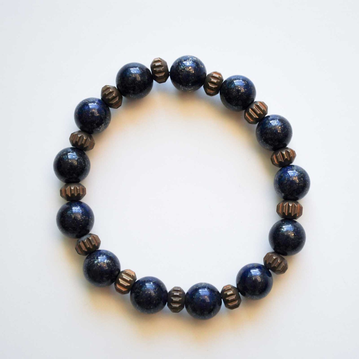 Men's Bracelet - Blue Lapis Stone - Vintage African Trade Brass