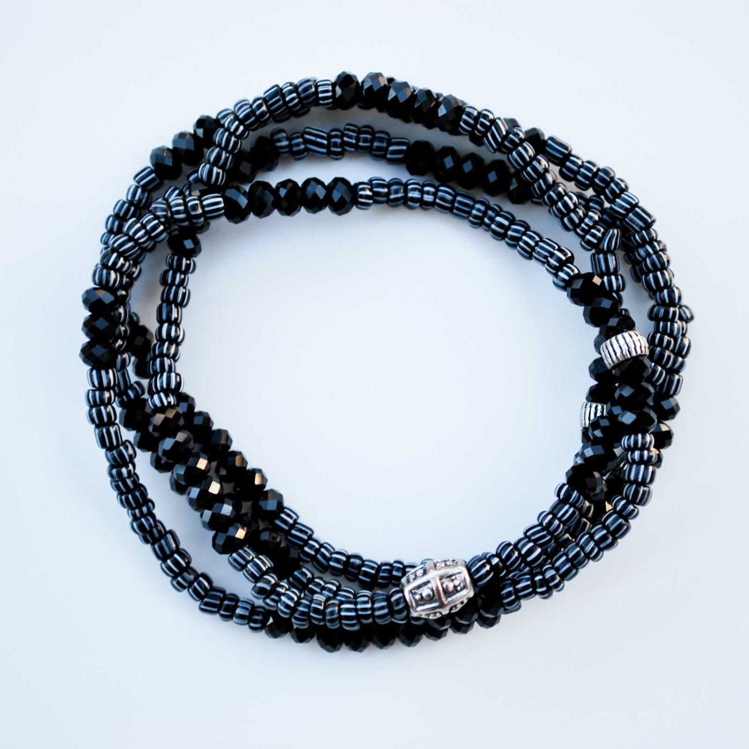 Men's Bracelet - Black/White Stripe - Sterling Silver - Wrap Bracelet