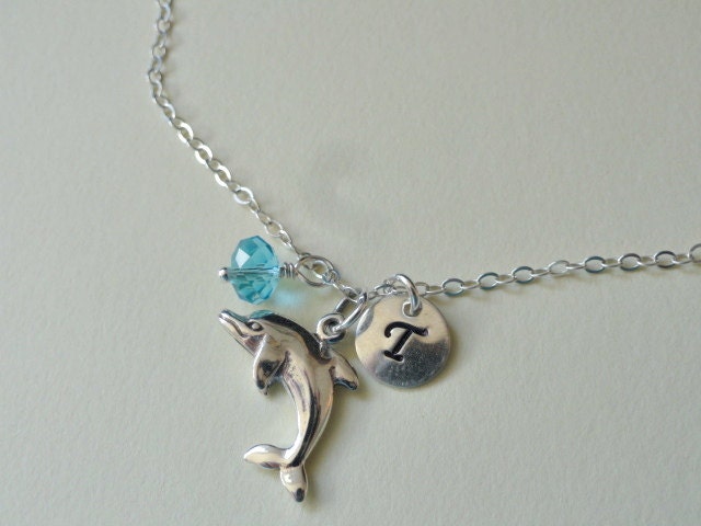 Sterling silver dolphin charm necklace with monogram initial charm, Swarovski crystal choice, personalized, ocean jewelry, beach summer,chic