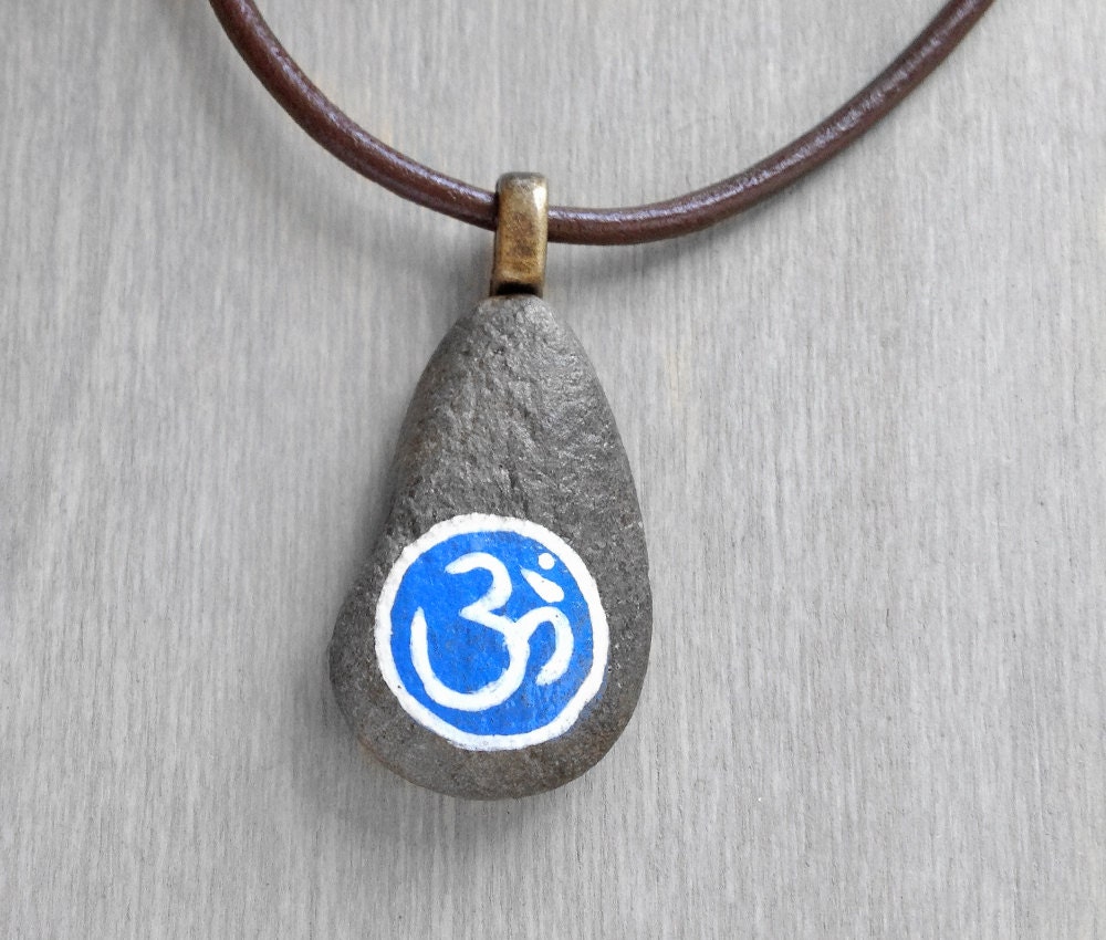 Painted Zen Stone Necklace - Blue Om Jewelry Hand Painted River Stone Beach Stone Pendant on Leather Cord