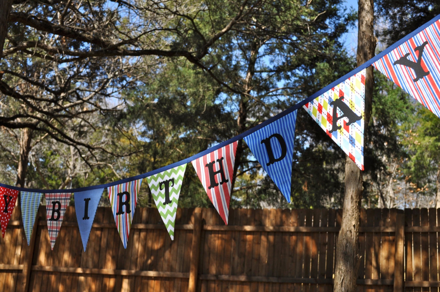 Boy's Happy Birthday fabric pennant banner bunting, Blue, red & green, birthday party decor, photo prop