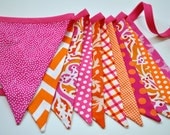pink and orange girls fabric banner bunting, birthday party decoration, photo prop, girls room dorm decor