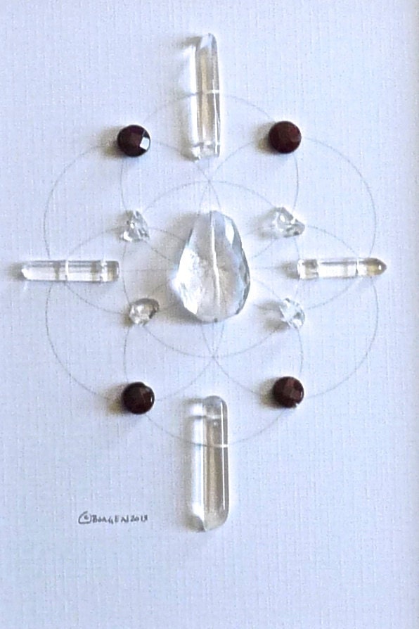 LOVE VITALITY OPTIMISM --- framed sacred crystal grid --- garnet, clear quartz --- sacred geometry