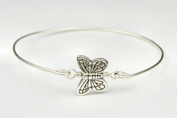 Sterling Silver Filled Bangle Bracelet- Metal Butterfly Bead and Sterling Silver Filled Wire- Custom Made to Size