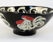 Black Bowl with ROOSTERS Stoneware Hand Carved Sgraffito Ceramic Pottery