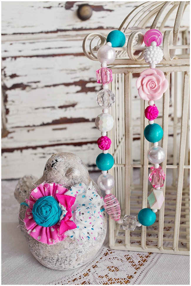 Chunky Necklace w/matching headband in Hot Pink, Turquoise, and Pola Dots