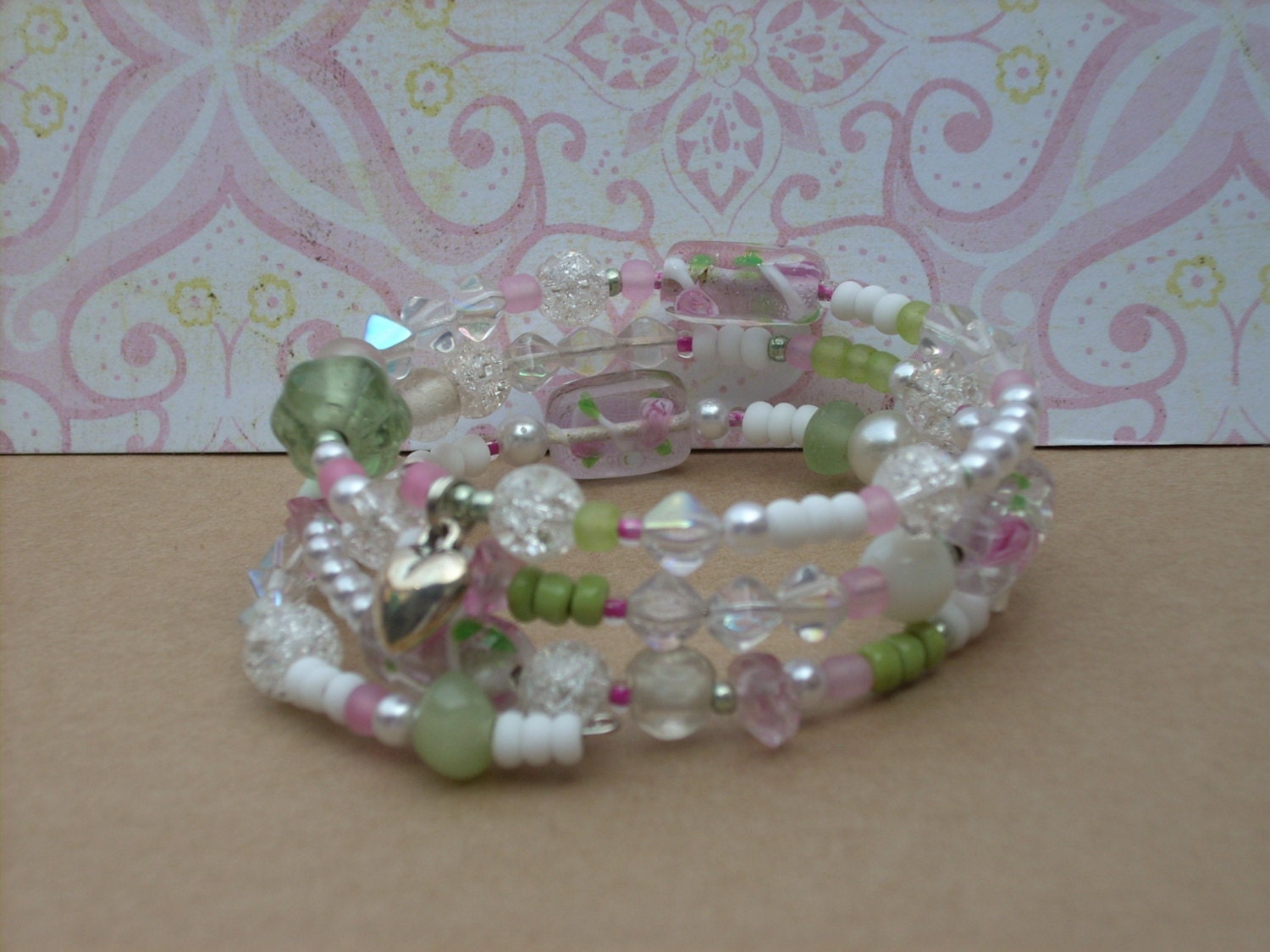 Memory wire wrapped bracelet white softpink and softgreen with heart charm
