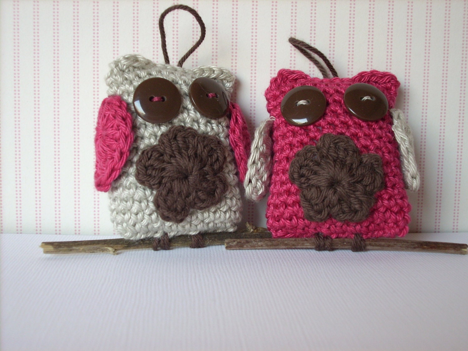 Crocheted owls  Set of 2 creme brown red crochet flower