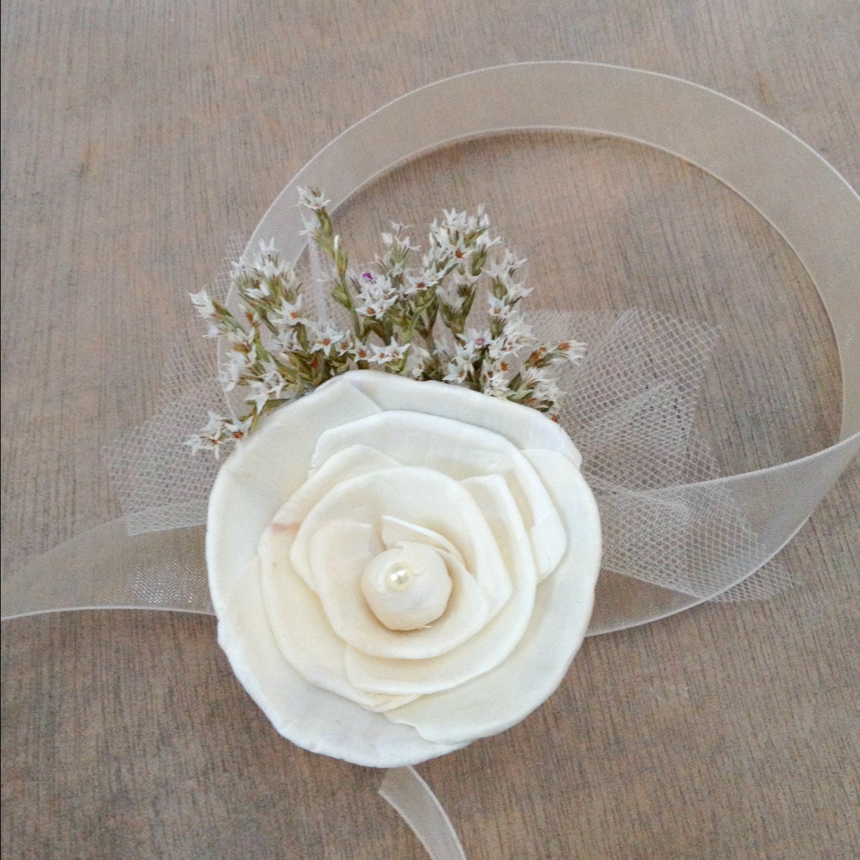 Soft White Wildflower Organza Wrist Corsage - Handmade Sola Wood Rose, Tulle, Dried Flowers, Buttonhole, Bridal, Cream