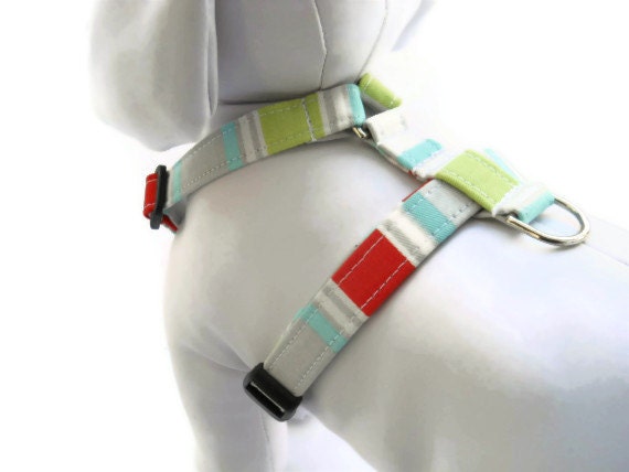 Ex-Small dog harness...Aqua,red,grey,lime and white stripeprint...
