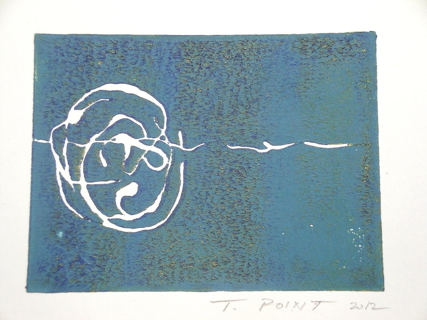 SALE Playful Simple Abstract Modern Minimalist Art Block Print 3 x 4 Home Decor / Subdued Blue, Ultramarine Blue, Gold / Hand Pulled Linocut