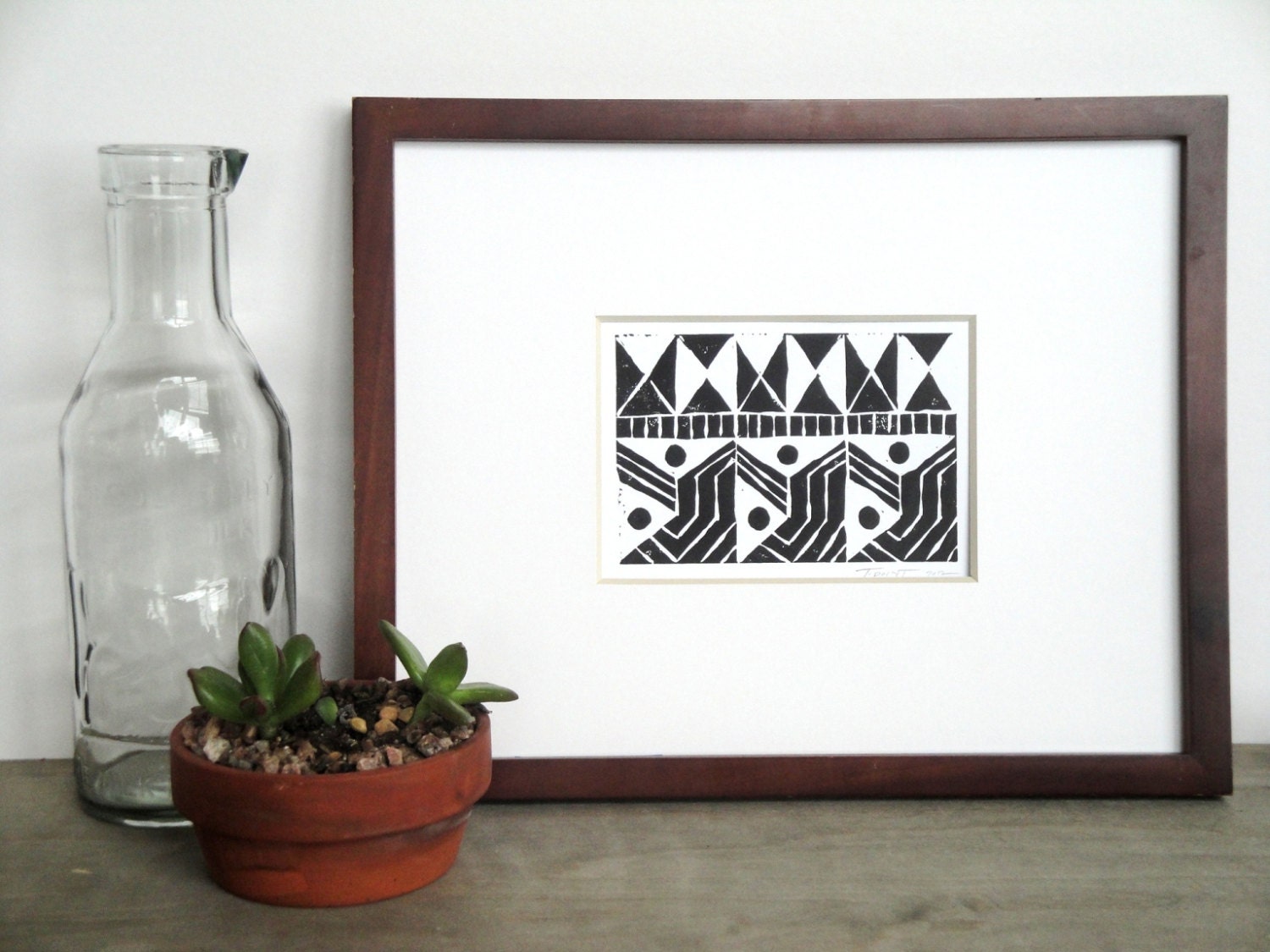 Modern Lines Geometric Triangles, Circles Linocut Art Print / 4 x 6 Home Decor / Black, Blue, Taupe, Gold